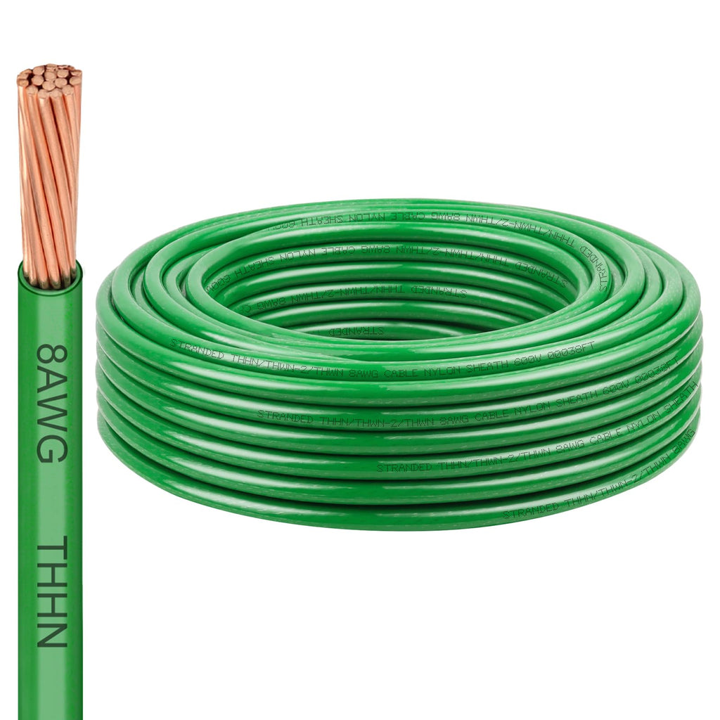 8 AWG THHN Stranded Bare Copper Wire 50FT Green Grounding Wire, Electrical Wire, 600V Rated Building Wire, Ideal for Panel Wiring, Grounding, Lighting Circuits, Control Systems