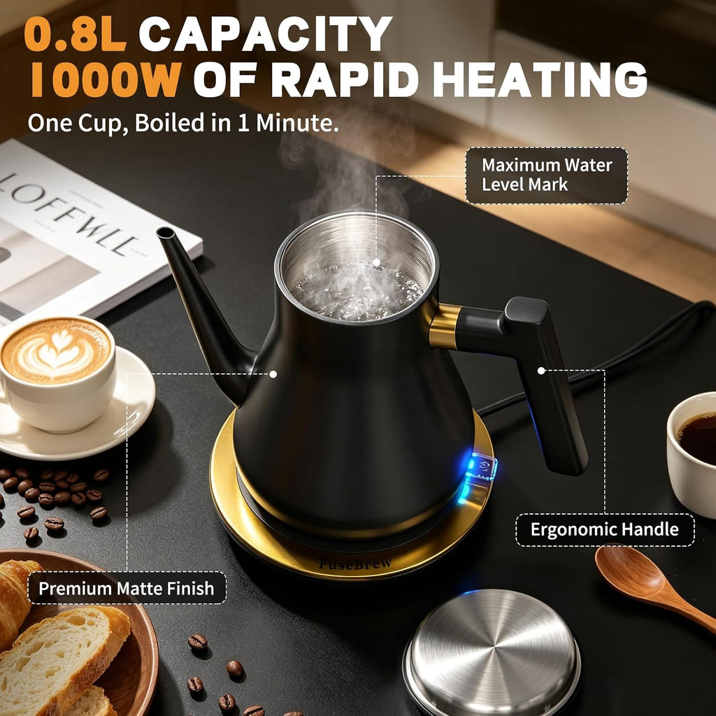 Gooseneck Electric Kettle 1000W | Pour Over Coffee Kettle with Steady Flow Spout & Balanced Handle, 0.8L Matte Black