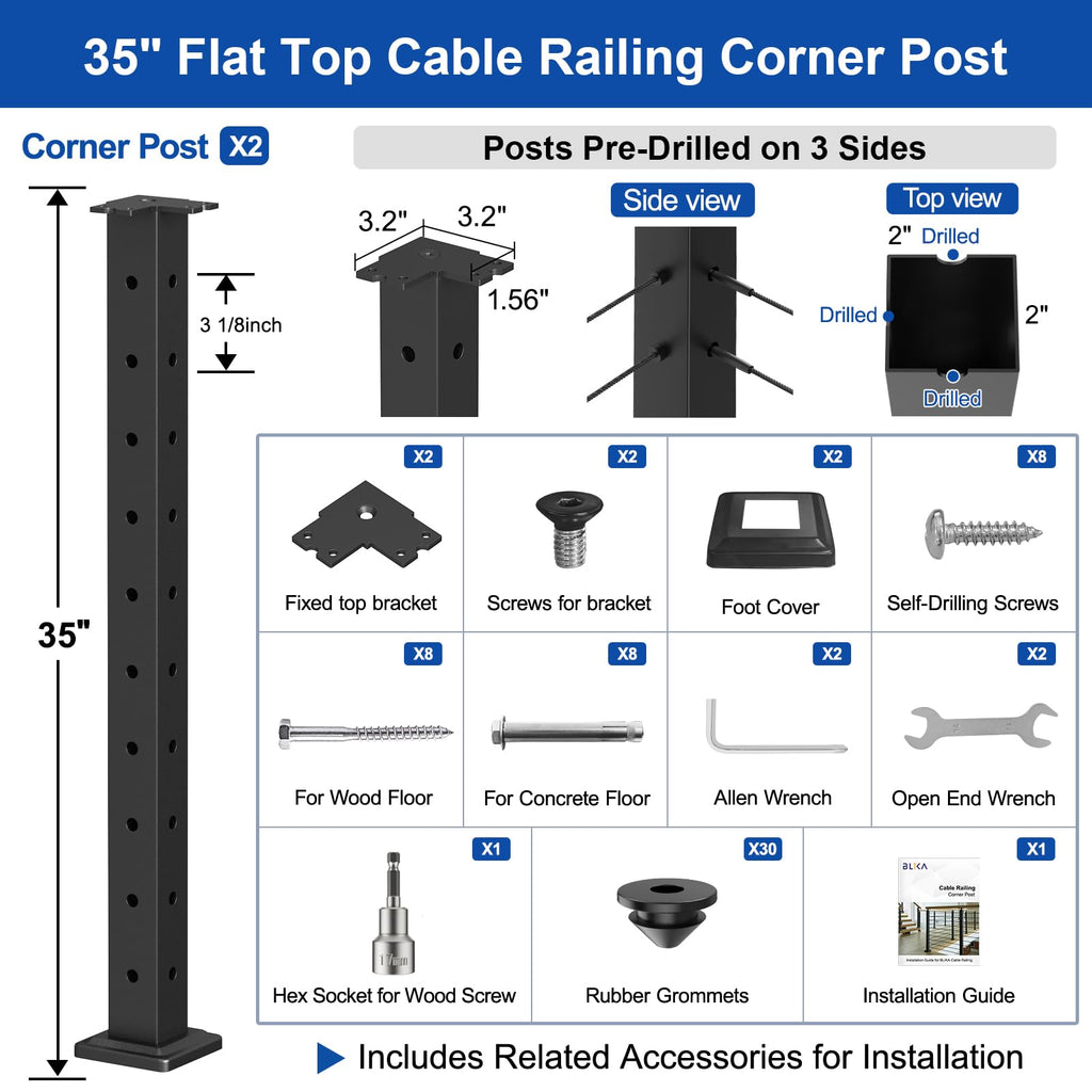 2Pack 36" Black Cable Railing Corner Post, 3-Side Drilled Corner Post