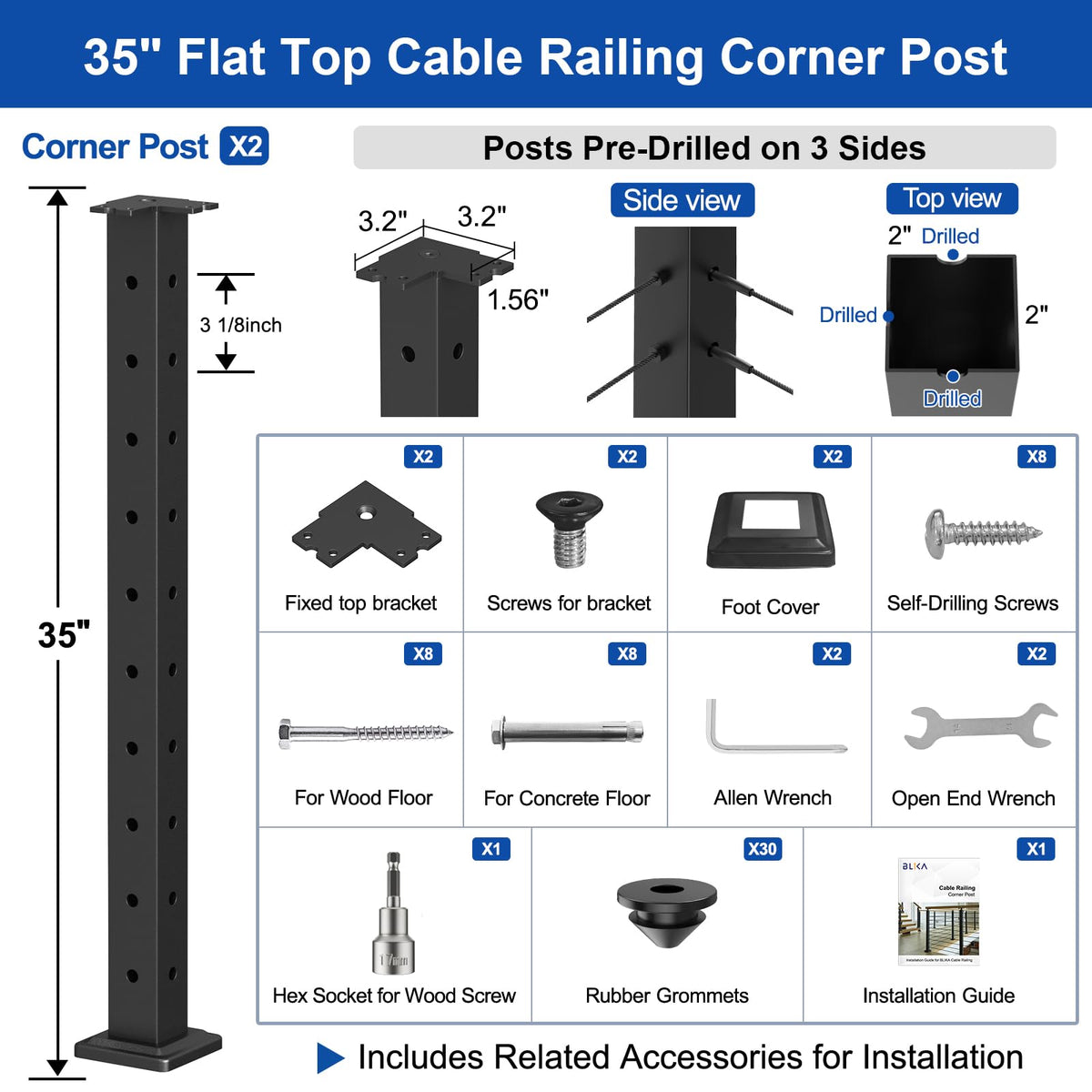 2Pack 36" Black Cable Railing Corner Post, 3-Side Drilled Corner Post