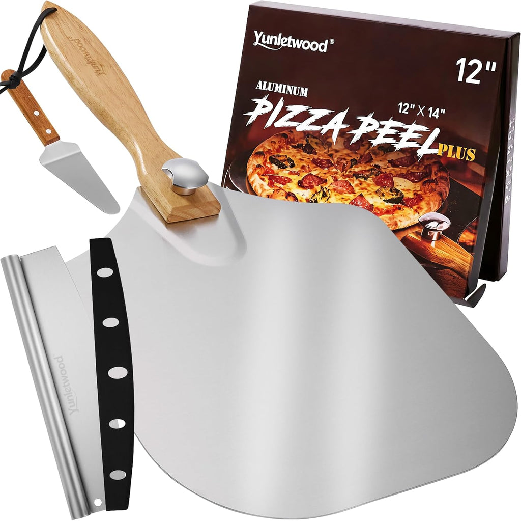 Pizza Peel 12-Inch Aluminum Pizza Paddle & Spatula with Pizza Cutter Rocker, Foldable Wood Handle – Pizza Server for