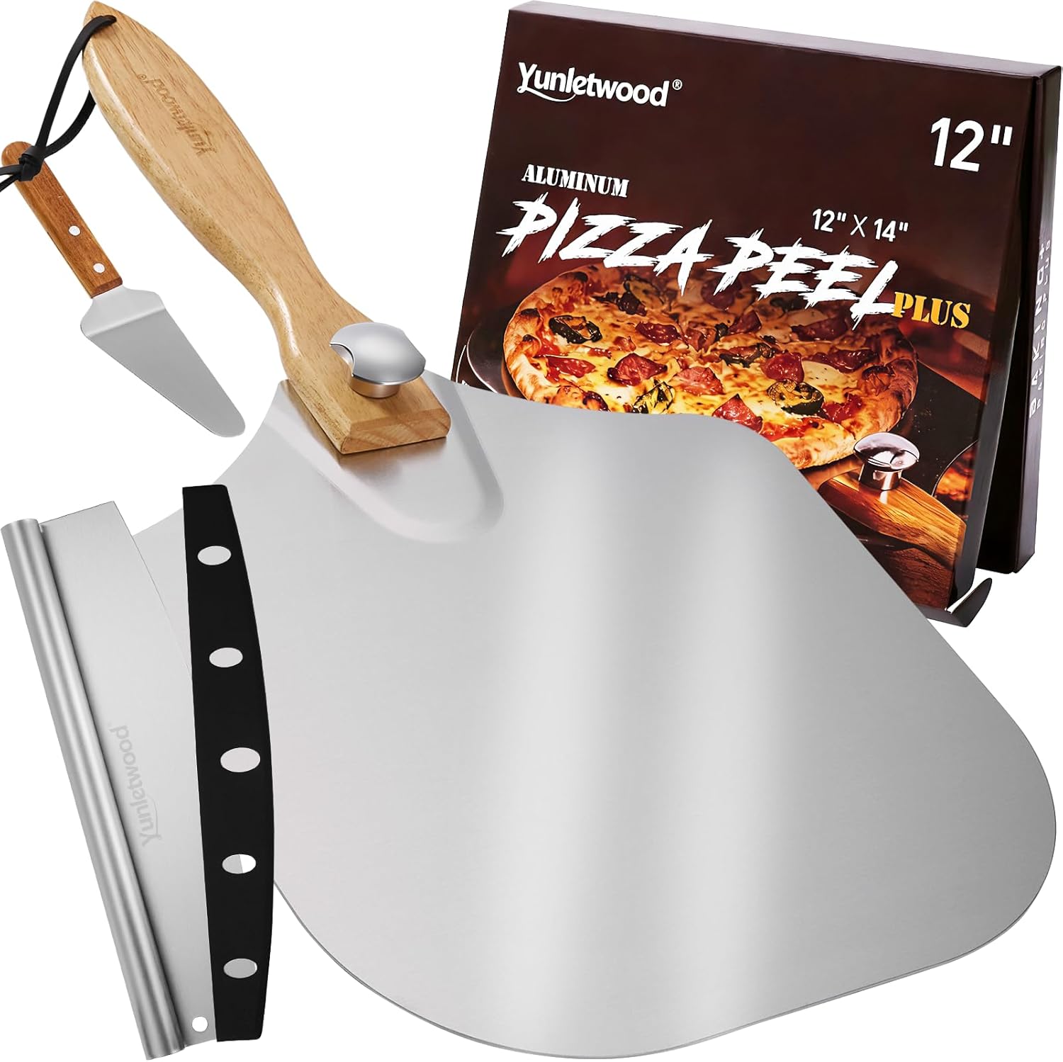 Pizza Peel 12-Inch Aluminum Pizza Paddle & Spatula with Pizza Cutter Rocker, Foldable Wood Handle – Pizza Server for