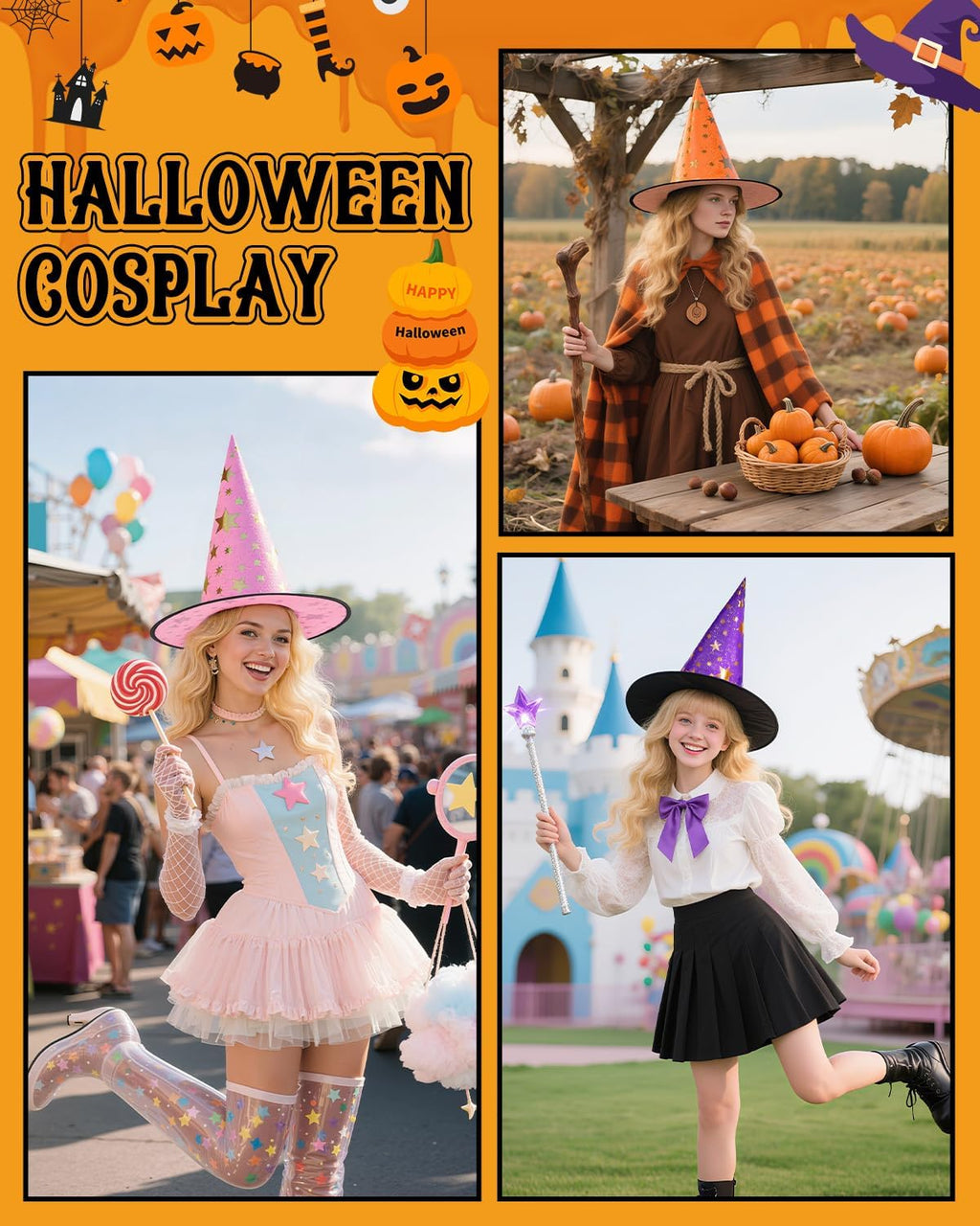 Witch Hat for Women Halloween Wizard Hat with Gold Star Party Hats for Adults Halloween Costume Accessories