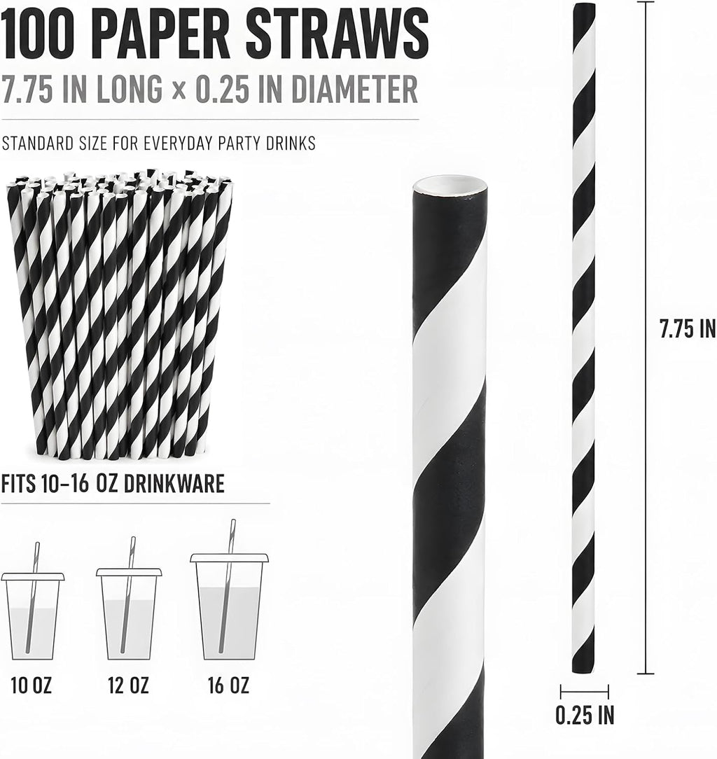100 Black Striped Paper Straws, 7.75 in Black and White Straws