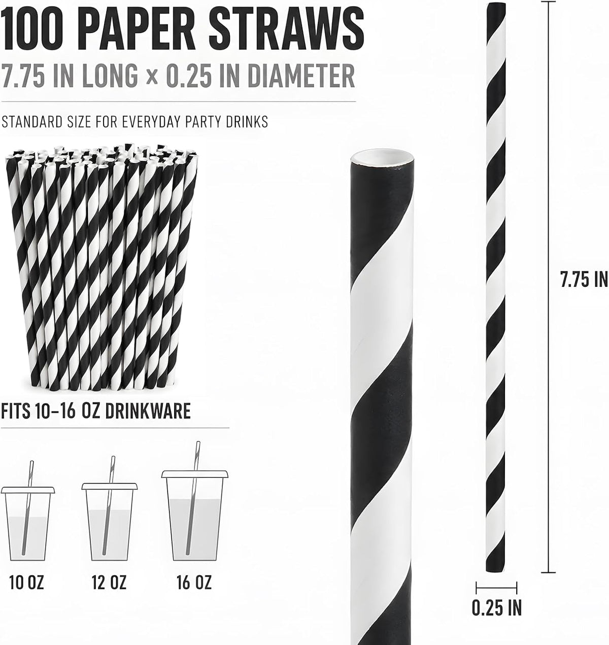 100 Black Striped Paper Straws, 7.75 in Black and White Straws