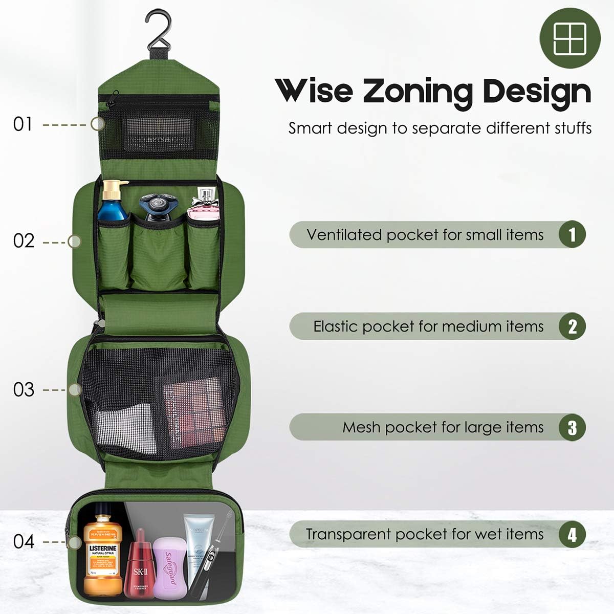 Travel Toiletry Bag for Women, Dopp Kit for Men, Waterproof Makeup Bag Shaving Bag with Hanging Hook, Portable