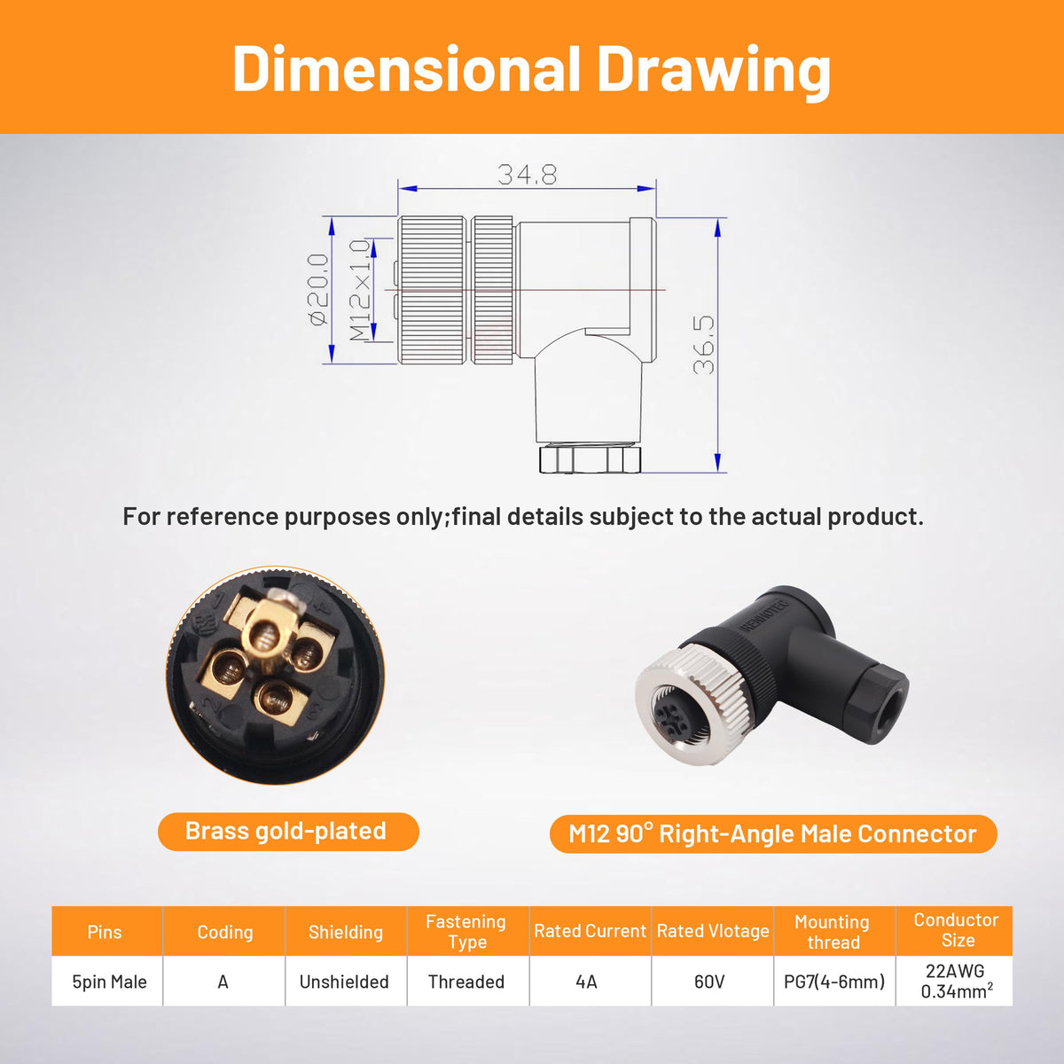 M12 Aviation Connector,4pcs 5-Pin Female Right Angle Socket Panel A Code Field Wireable IP67 Waterproof Industrial Circular Connector