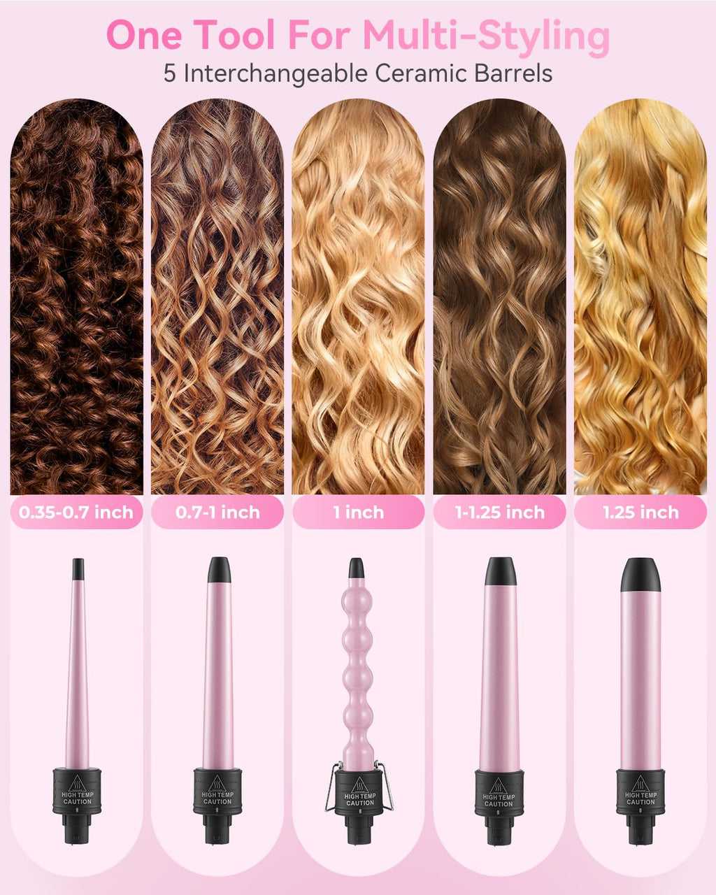 5 in 1 Curling Wand Set, 0.35"-1.25" Interchangeable Ceramic Barrels