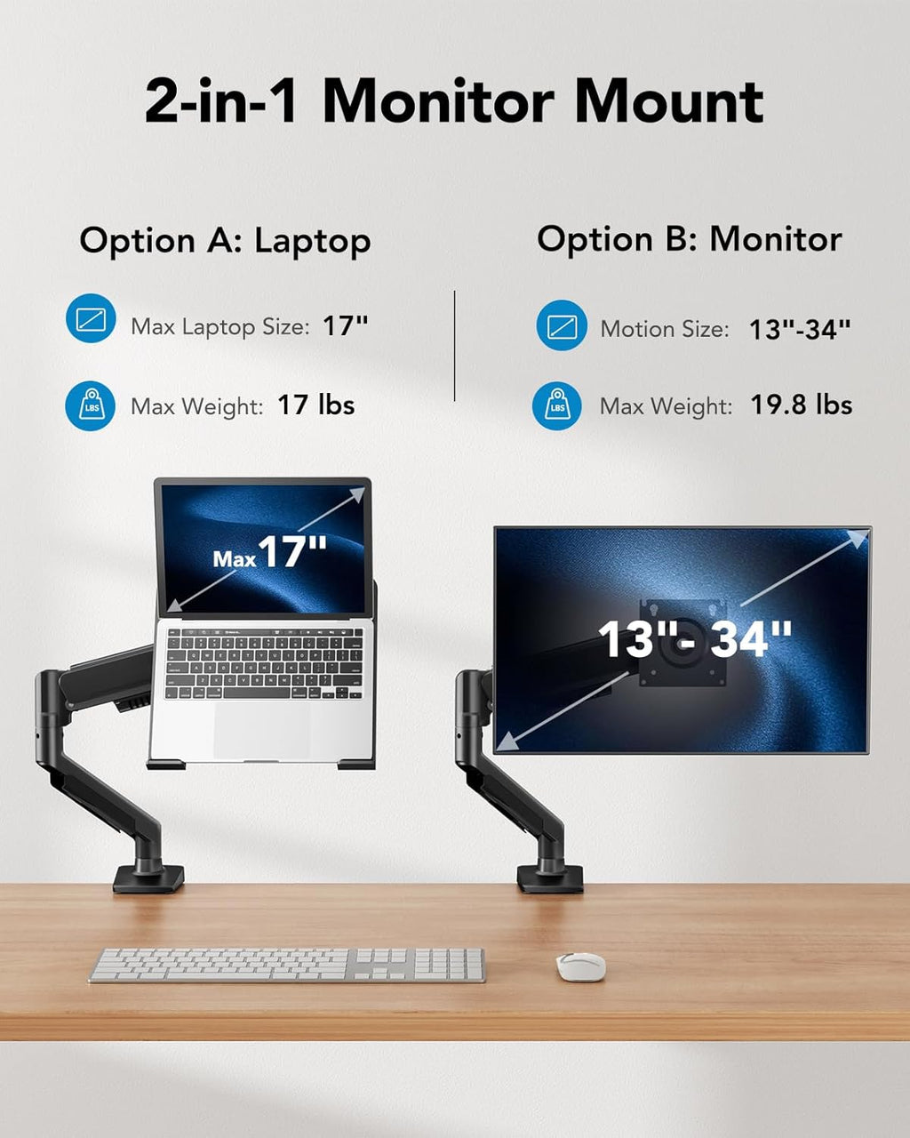 2 in 1 Function Laptop Mount with Tray, Fits 13-34″ Monitors & Up to 17″ Notebook, Ergonomic Laptop Arm with Full