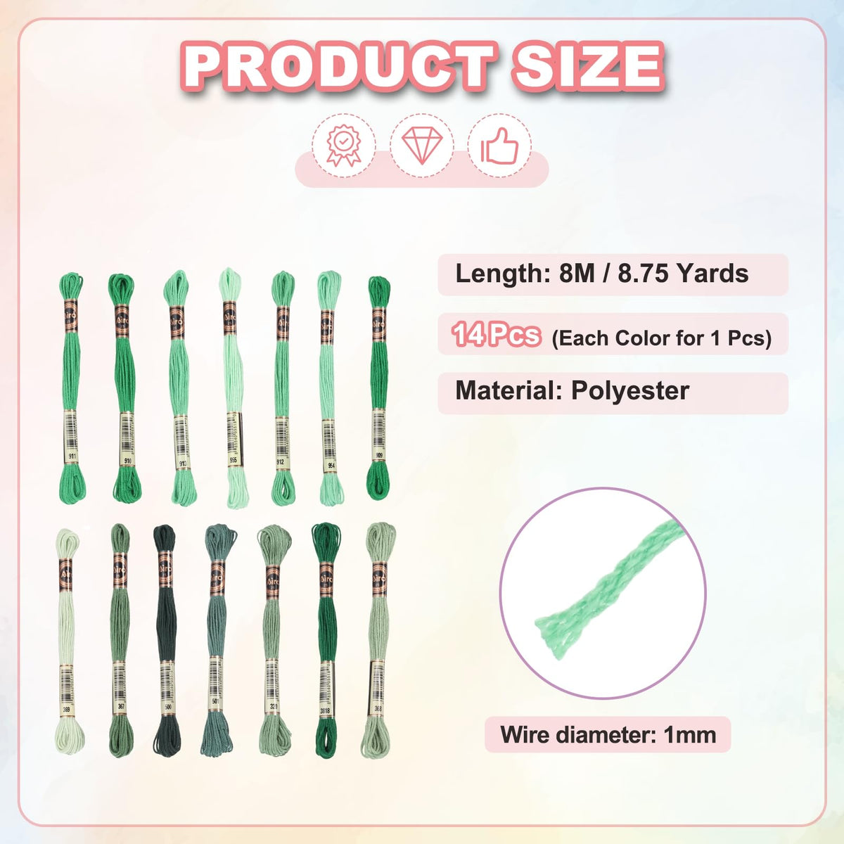 14 Skeins Embroidery Floss Polyester Multicolored Emerald Green