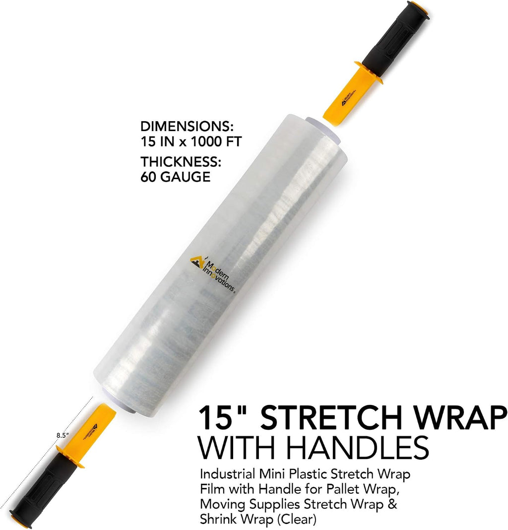 15 Inch Clear Stretch Wrap Roll with Handles (1 Roll-1000 Feet) Heavy Duty Shrink Wrap for Moving, Packing Supplies