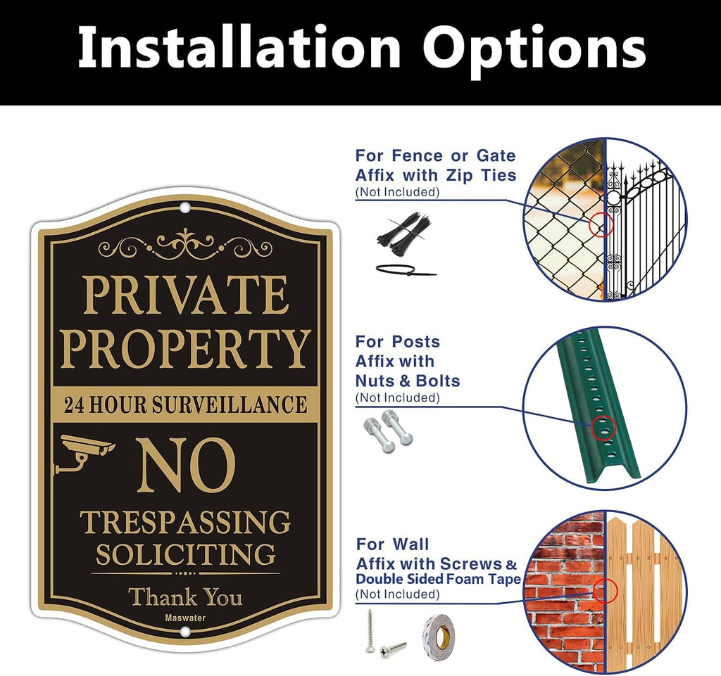 Large Private Property No Trespassing Sign, 2-Pack 12" x 18" No Soliciting 24 Hour Surveillance Yard Signs
