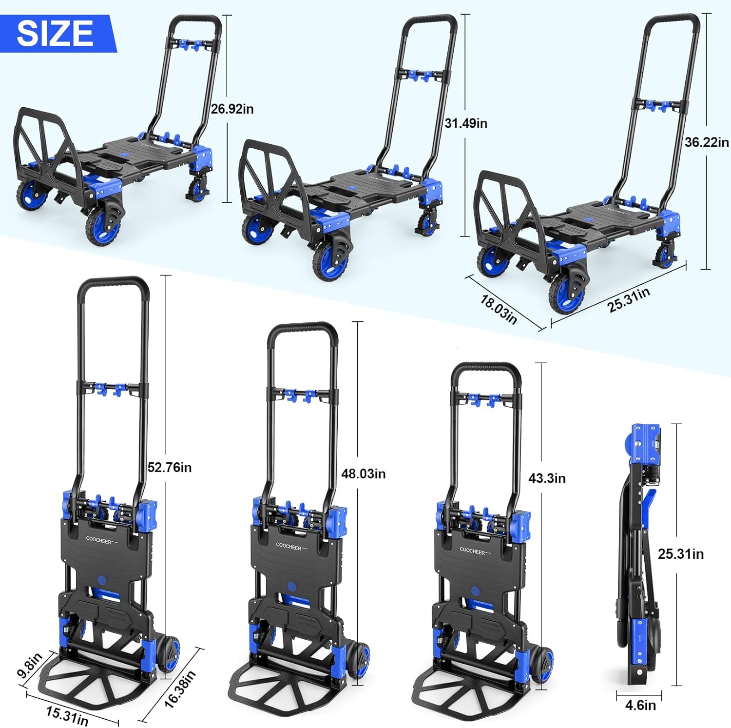 Folding Hand Truck Dolly, 330lb Convertible 4 to 2 Wheel Moving Cart, Blue | Dolly Cart with Retractable, Aluminum