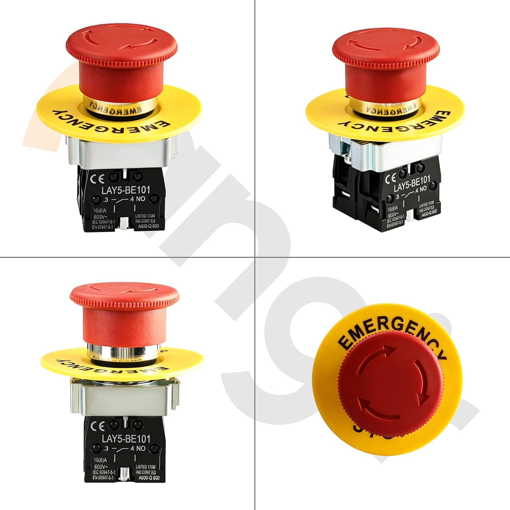 22mm 1NC 1NO Red Mushroom Emergency Stop Self-Locking Push Button Switch 600V 10A.
