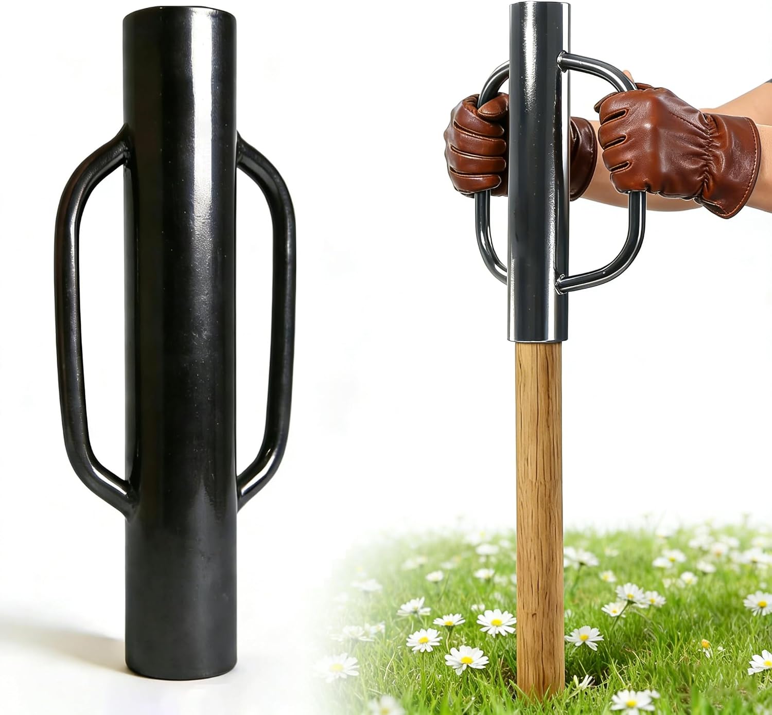 16 Inch Black Fence Post Driver with Handle 12 LB Steel T Post Pounder Portable Hand Post Rammer for Wooden Posts U
