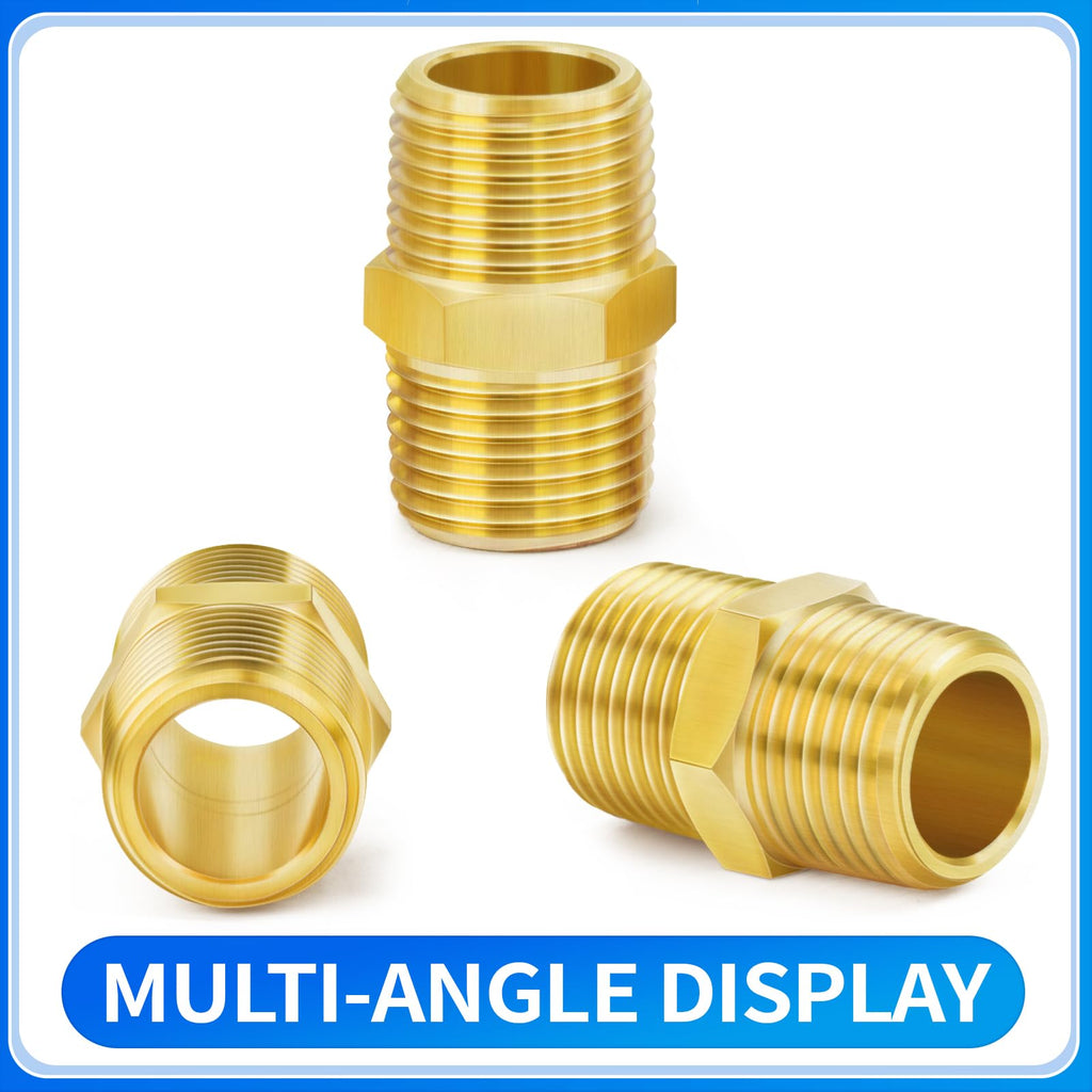ChillWaves Brass Pipe Fitting，Hex Nipple 3/4" NPT Male x 3/4" NPT Male Thread Adapter(3-PACK)
