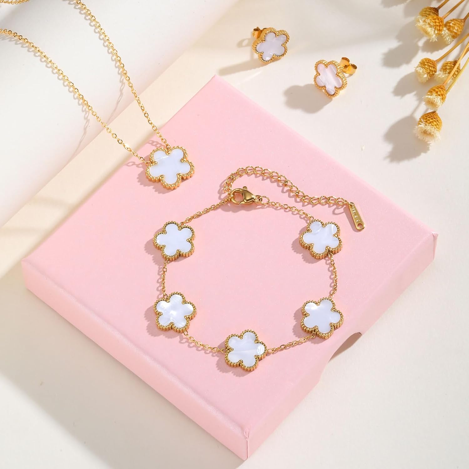 Gold Necklaces Bracelets Earring Set - 18K Gold Plated Flower Bracelet Chain,Stainless Steel Non Tarnish Floral