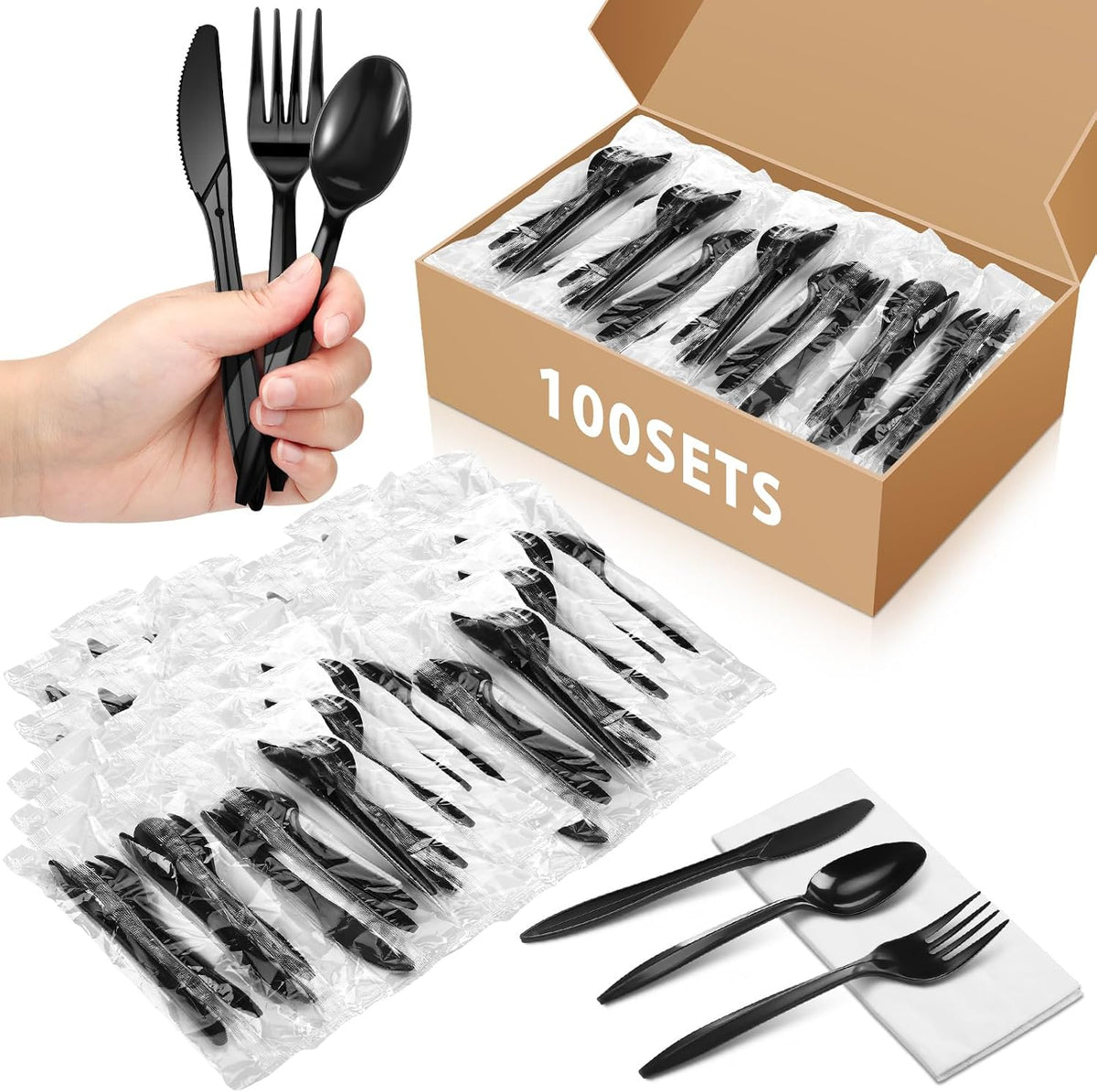 100 Set Plastic Silverware Knife Fork Spoon Napkin, Black
