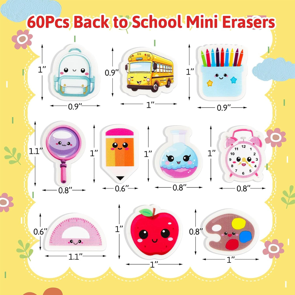 60Pcs Back to School Erasers Bulk Mini Pencil Erasers | Schoolbag, School Bus, Alarm, Pens Eraser, Student Classroom