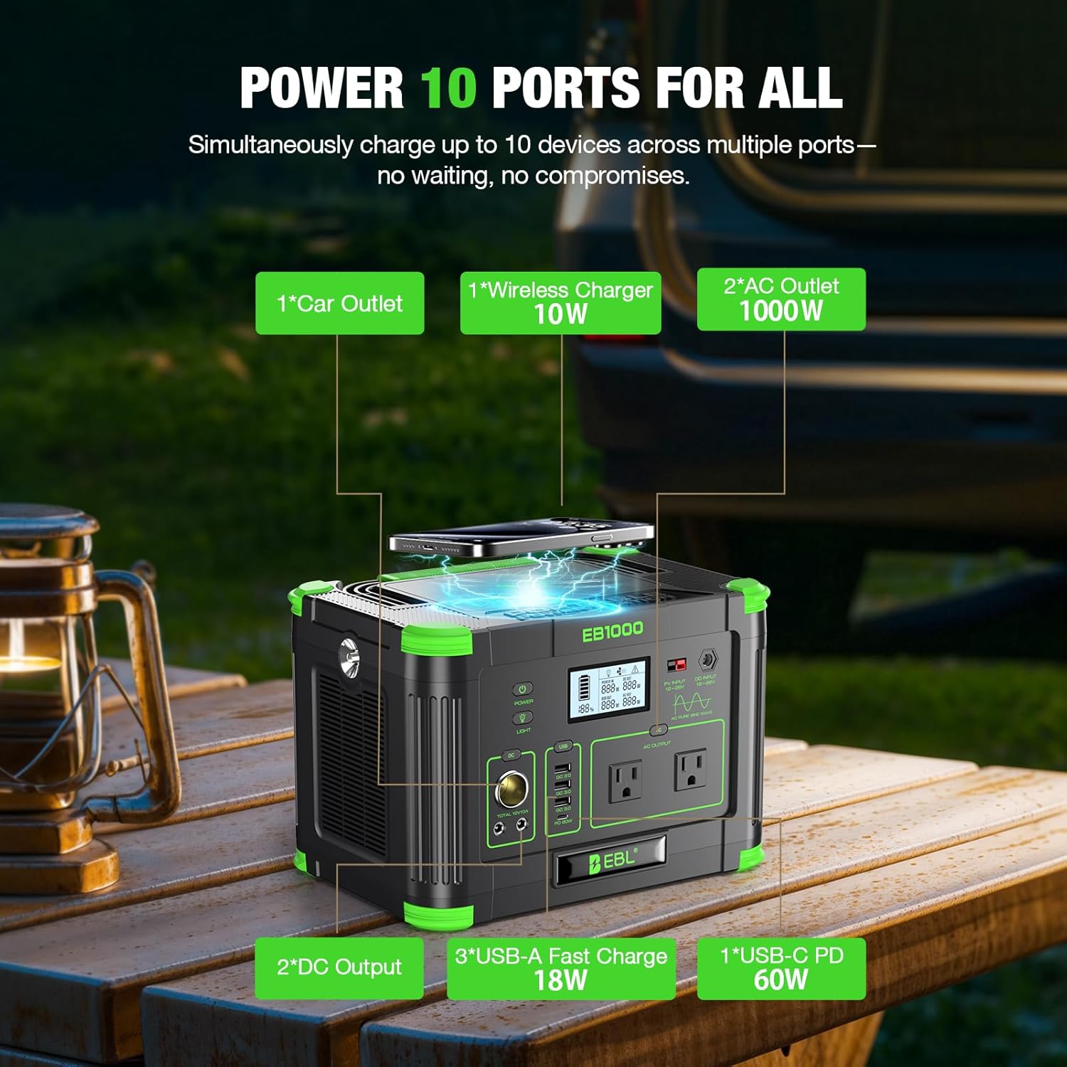 Portable Power Station 1000W Solar Generator 999Wh Fast Charging Backup Battery with 10W Wireless Charging & Multiple