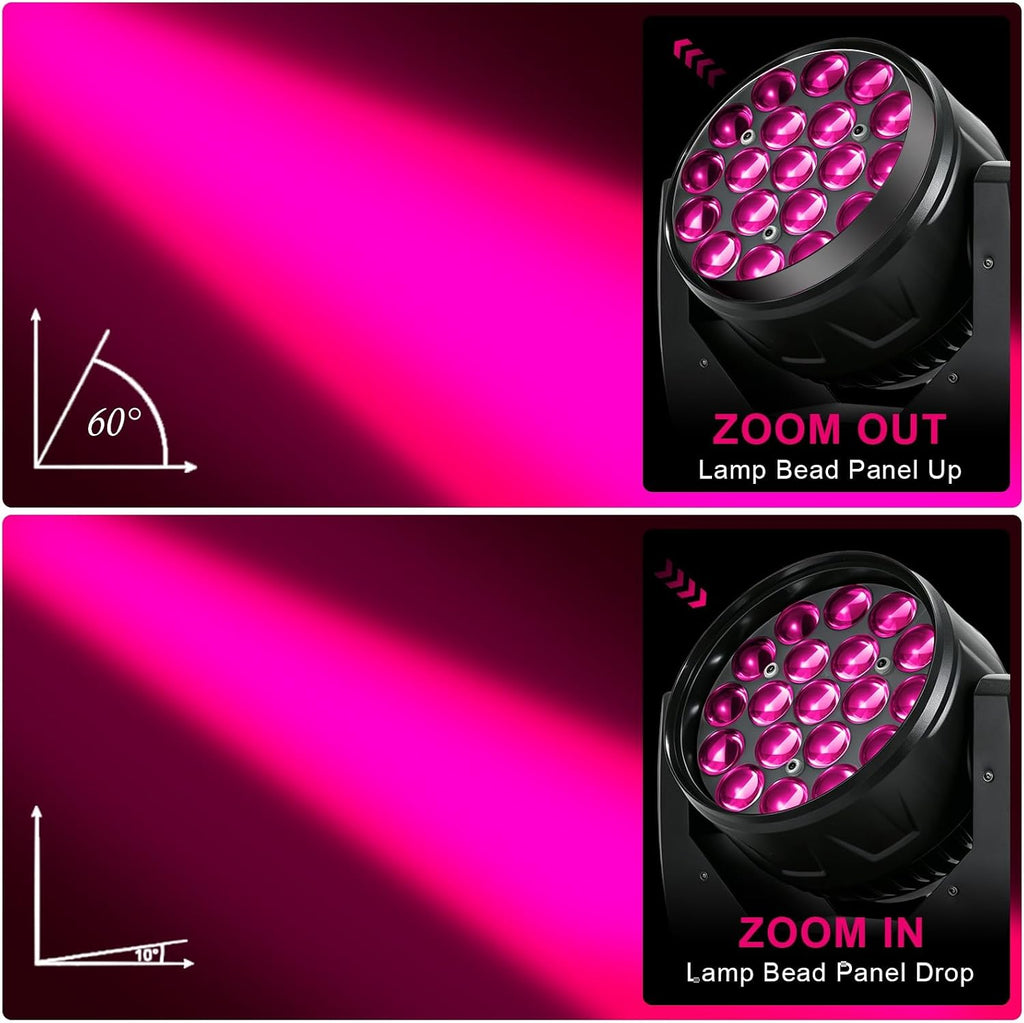 19x15W Moving Head DJ Light, RGBW Zoom LED Stage Lights | Beam/Wash/Zoom Stage Effects, Sound Active & DMX512