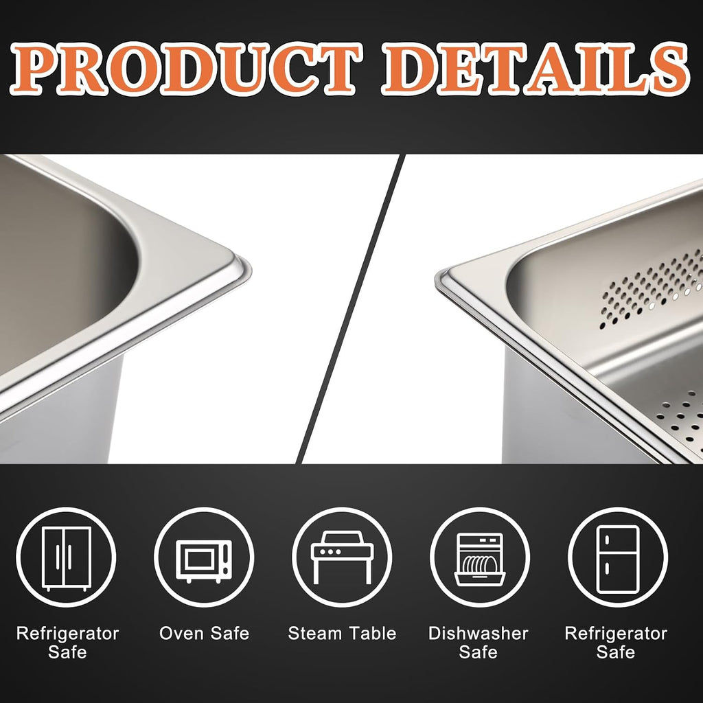 2 Pack Perforated Hotel Pans Set, Full Size, 4 Inches, 6 Inches
