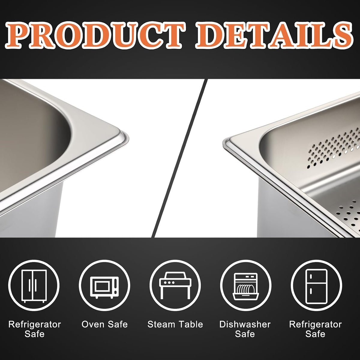 2 Pack Perforated Hotel Pans Set, Full Size, 4 Inches, 6 Inches
