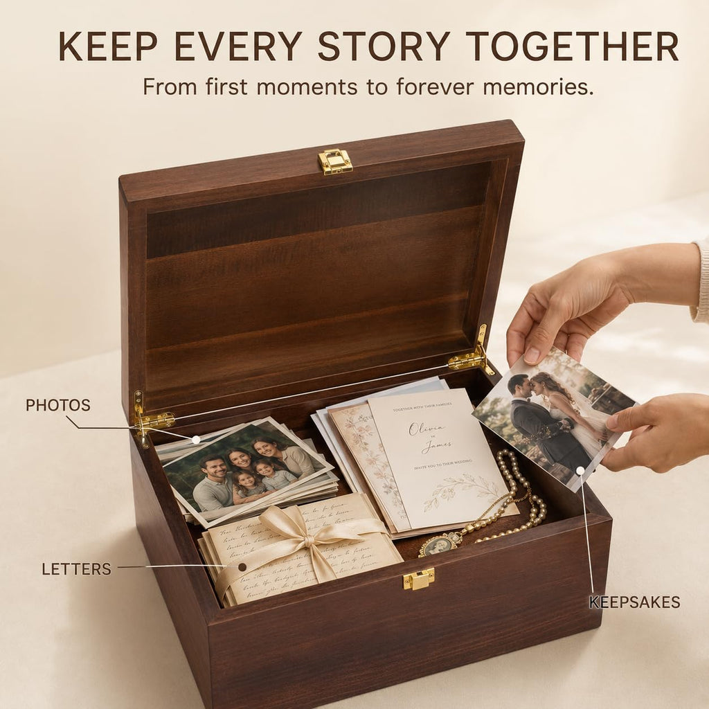 Larger Wooden Memory Wedding Keepsake Boxes With Hinged Lids - Decorative Storage Box With a Hinge Lids For Letter