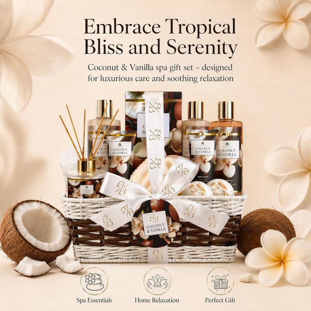 Spa Gift Basket for Women, Coconut & Vanilla 12-Piece Bath Gift Set with Shower Gel, Shampoo, Bubble Bath, Diffuser