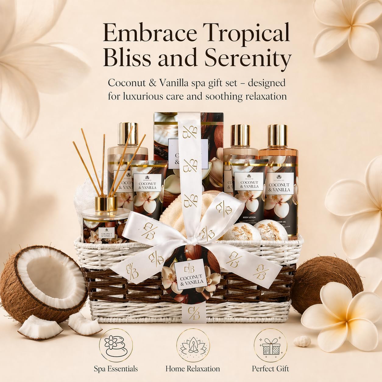Spa Gift Basket for Women, Coconut & Vanilla 12-Piece Bath Gift Set with Shower Gel, Shampoo, Bubble Bath, Diffuser