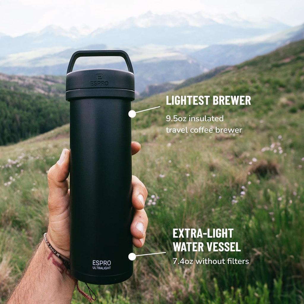 Go P0 Ultralight French Press Coffee Maker for Travel, Vacuum Insulated Stainless Steel, 16 Ounces, Matte Meteorite