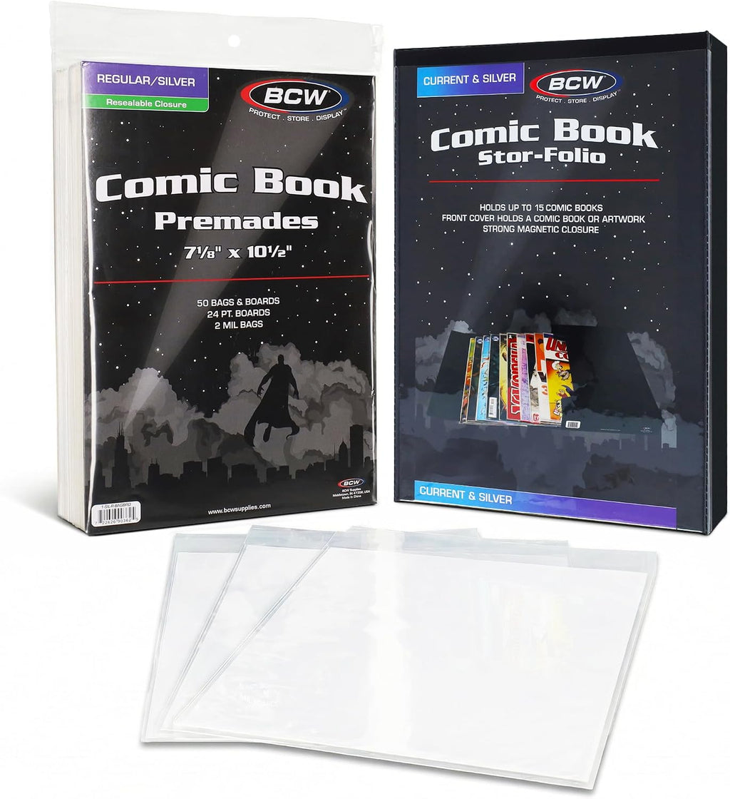 Comic Book StorFolio Kit – Includes Magnetic Comic StorFolio + 50 Silver Age Premade Resealable Comic Book Bags and