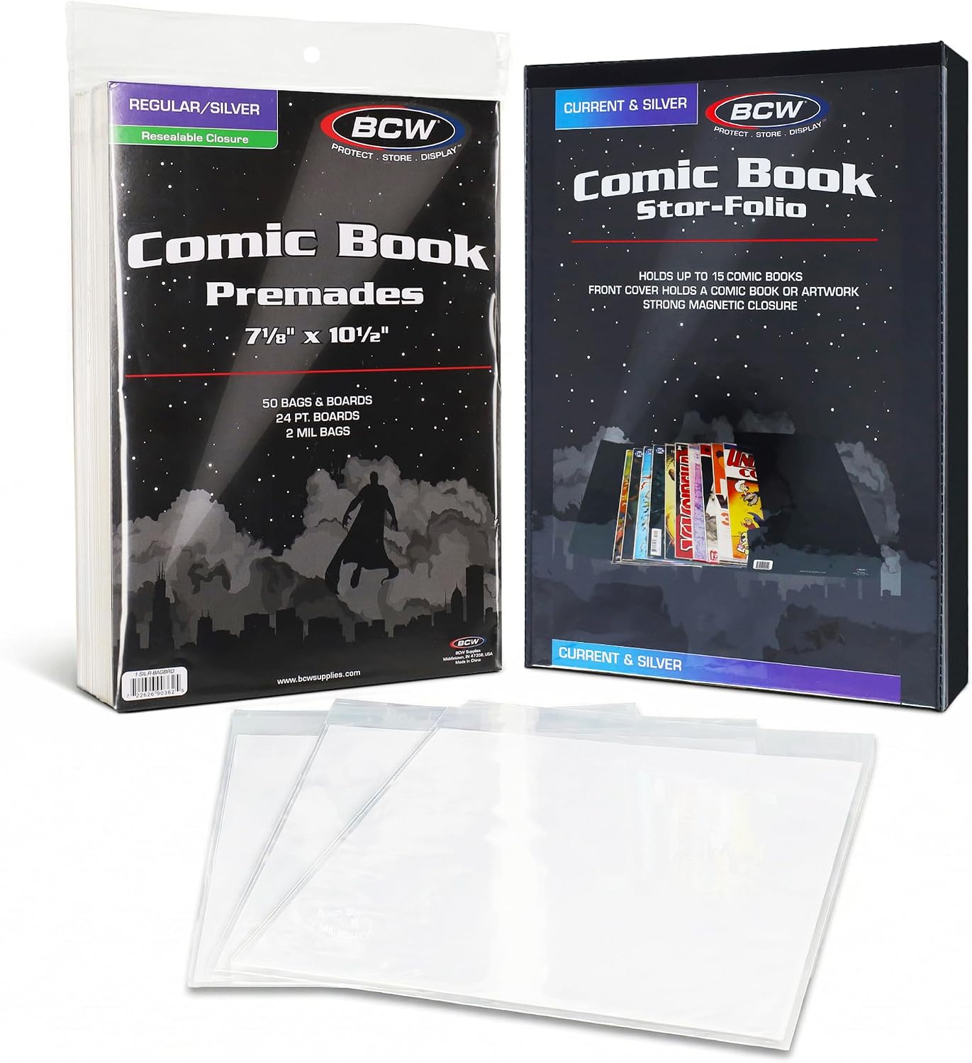 Comic Book StorFolio Kit – Includes Magnetic Comic StorFolio + 50 Silver Age Premade Resealable Comic Book Bags and