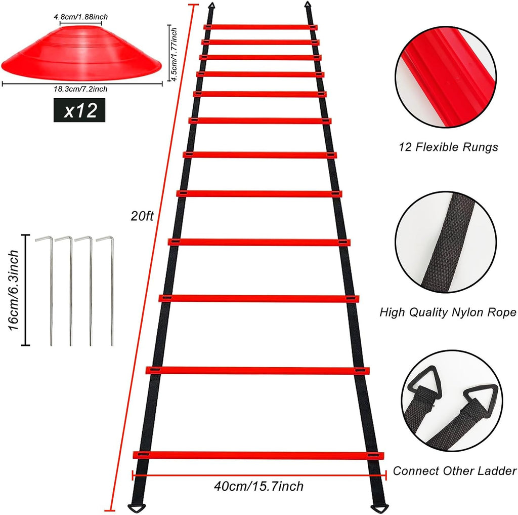 Professional Agility Ladder Speed Training Equipment Set-20ft Agility Ladder,12 Soccer Cones, 4 Agility Hurdles