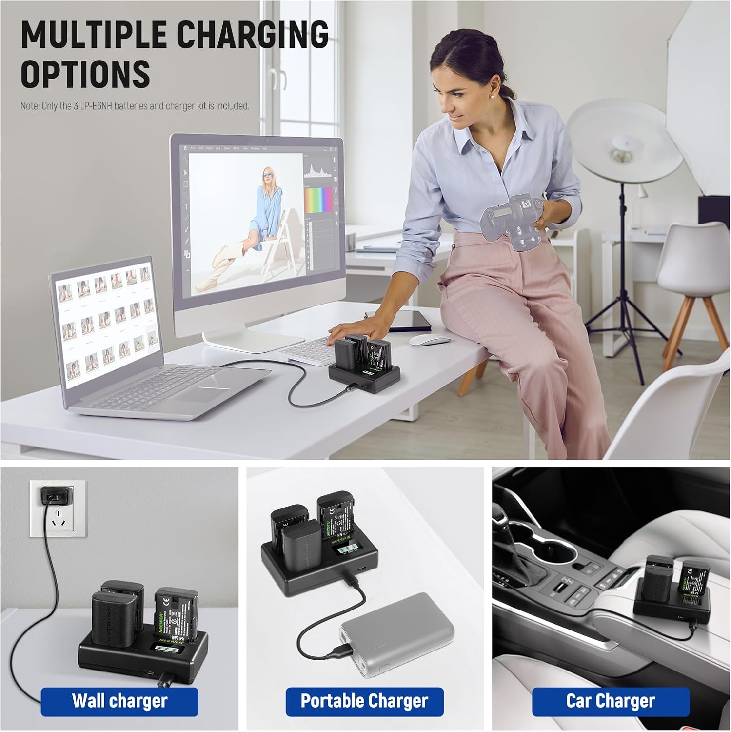 Replacement Battery and Charger Set for LP-E6NH | 2250 mAh Replacement Battery, Triple Slot USB Charger, Compatible