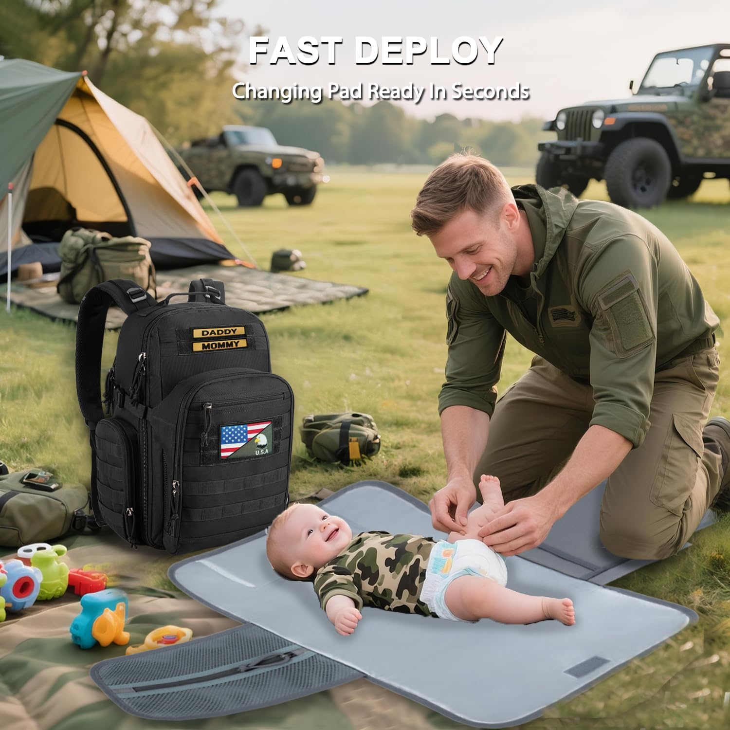 Military Diaper Bag for Dad: Tactical Design with Changing Pad & Daddy Patches - Pride Solution for Veteran Fathers