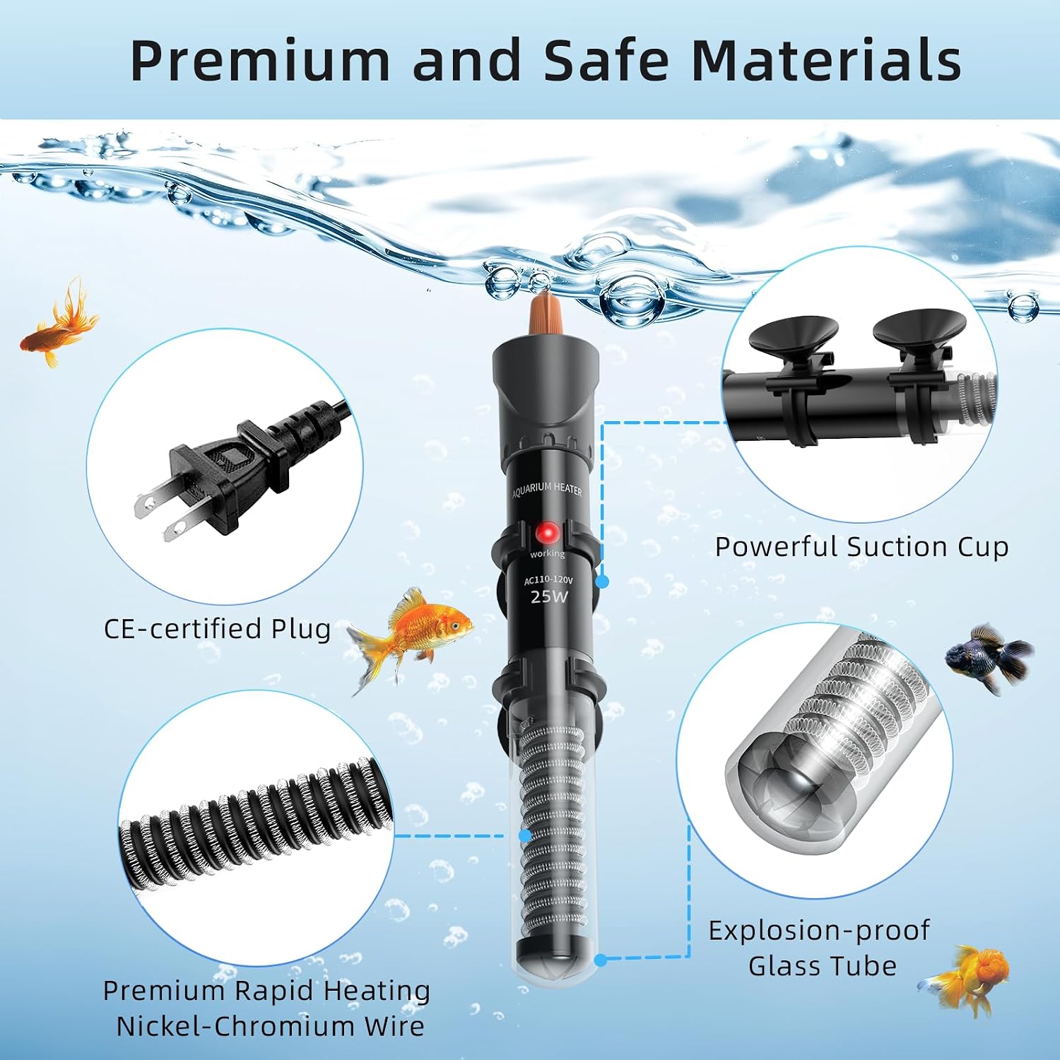 Aquarium Heater 25W/50W/100W/200W/300W, Adjustable Knob Fish Tank Heater with Digital Thermometer, Submersible