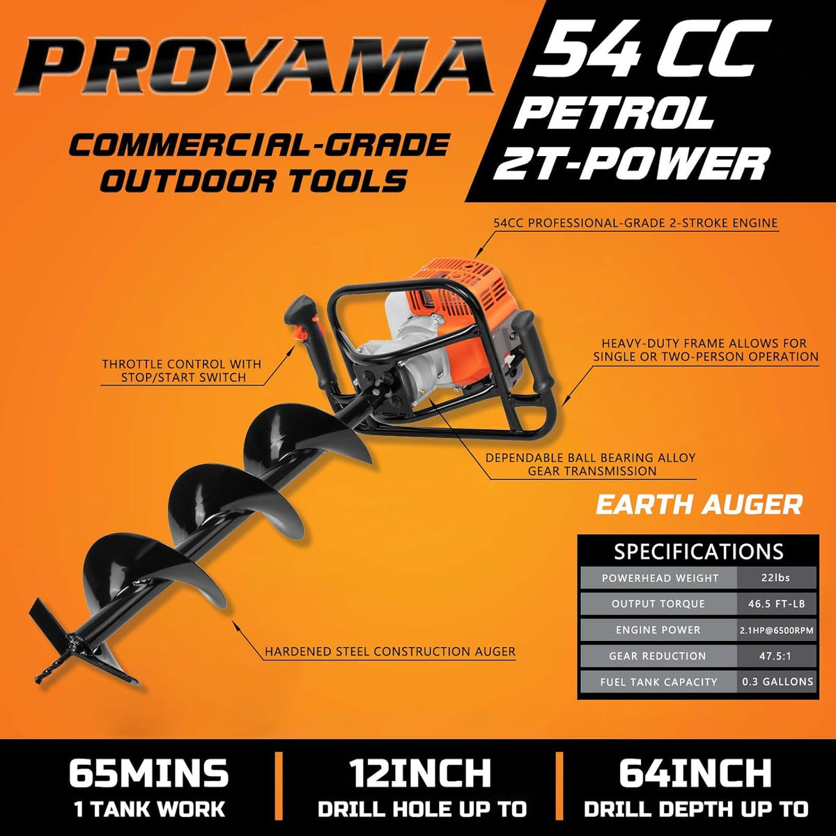 54cc Post Hole Digger, Gas Powered Easy Start Earth Auger Digger | 2 Cycle Heavy Duty Post Hole Digging with 4" 6" 8"