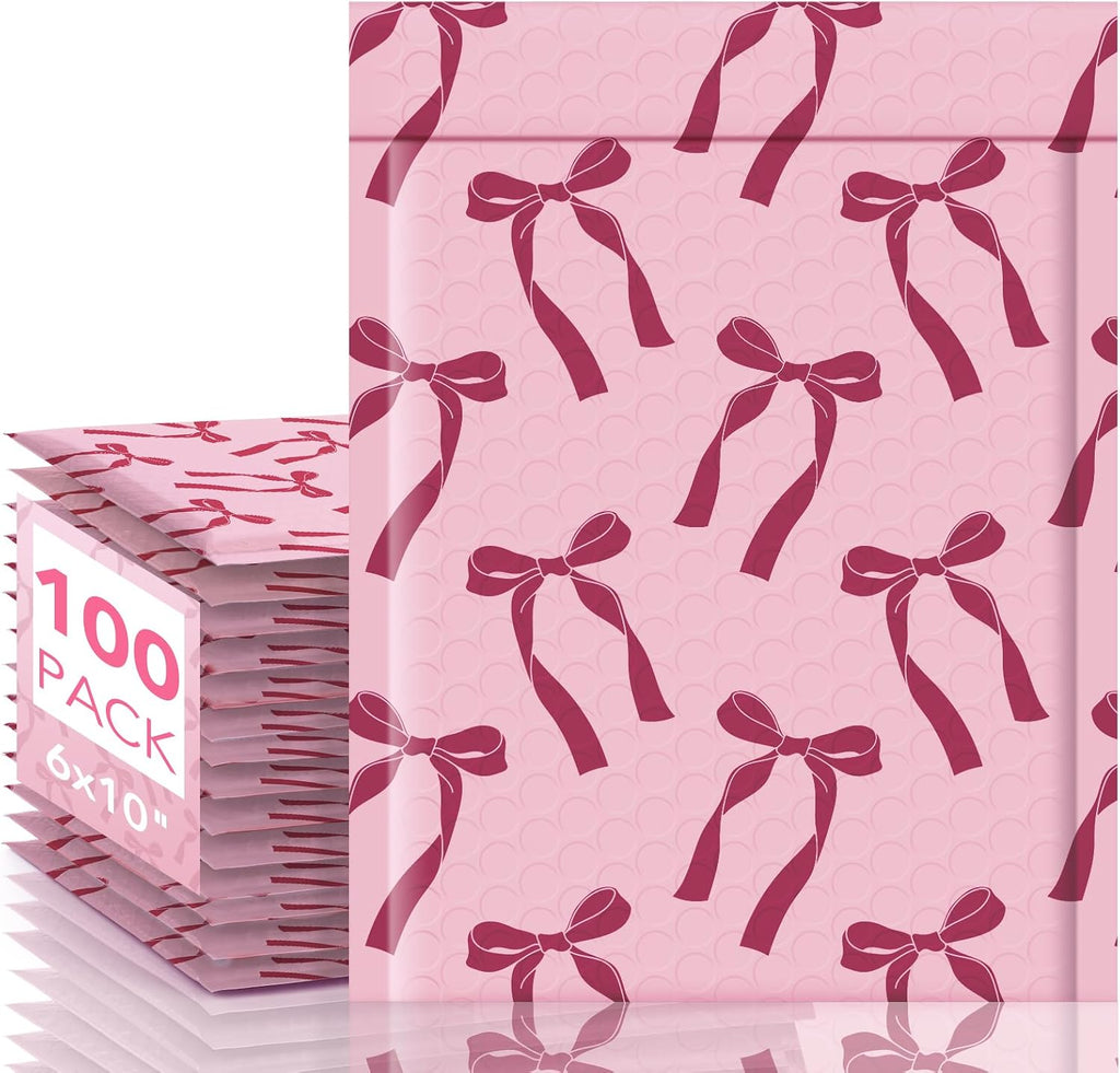 Bubble Mailers 6x10" Padded Envelopes 100 Pack Pink Bows