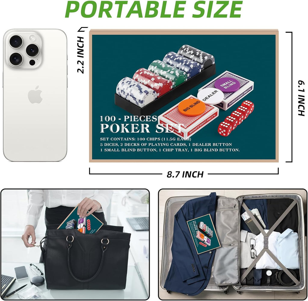 Poker Chip Travel Set, 100PCS 5 Color Professional Poker Chips in Cardboard Gift Box, 11.5 Gram Clay Composite Casino