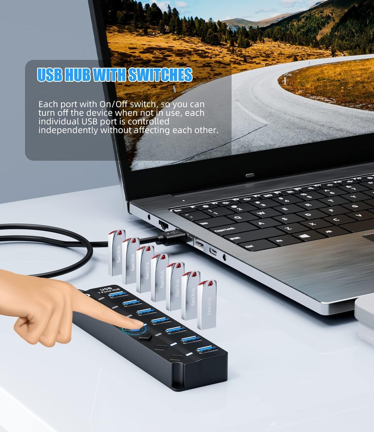 USB 3.0 Hub, 7-Port with Individual On/Off Switches & LED Indicators, 5Gbps High-Speed Data Hub for Laptop, PC