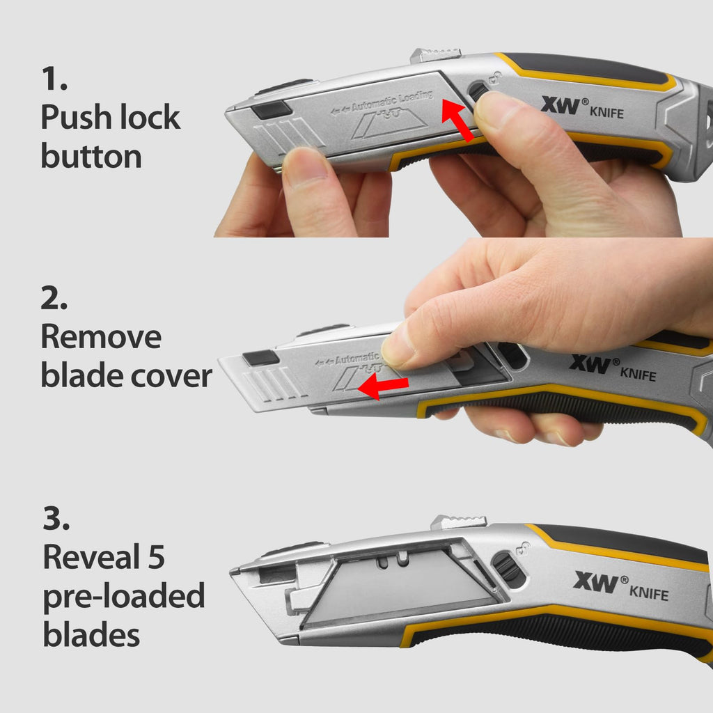 Heavy Duty Auto-loading Utility Knife,3-position Retractable Box Cutter with Total 5 Blades