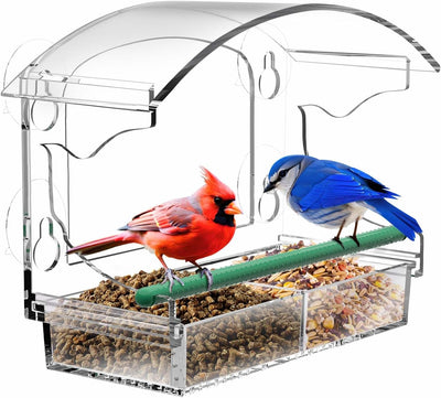 Clear Acrylic Window Bird Feeder for Outside with 4 Strong Suction Cups and Detachable Seed Tray, Highly Transparent