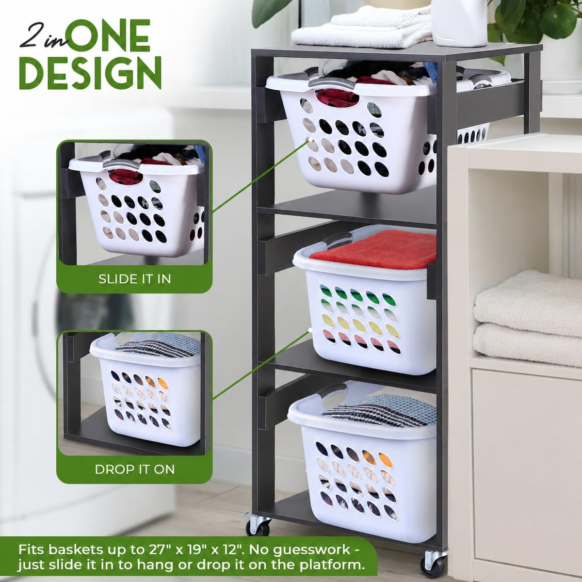 Laundry Basket Holder Shelf, Stackable Laundry Sorter, Slate Grey, 3 Tier