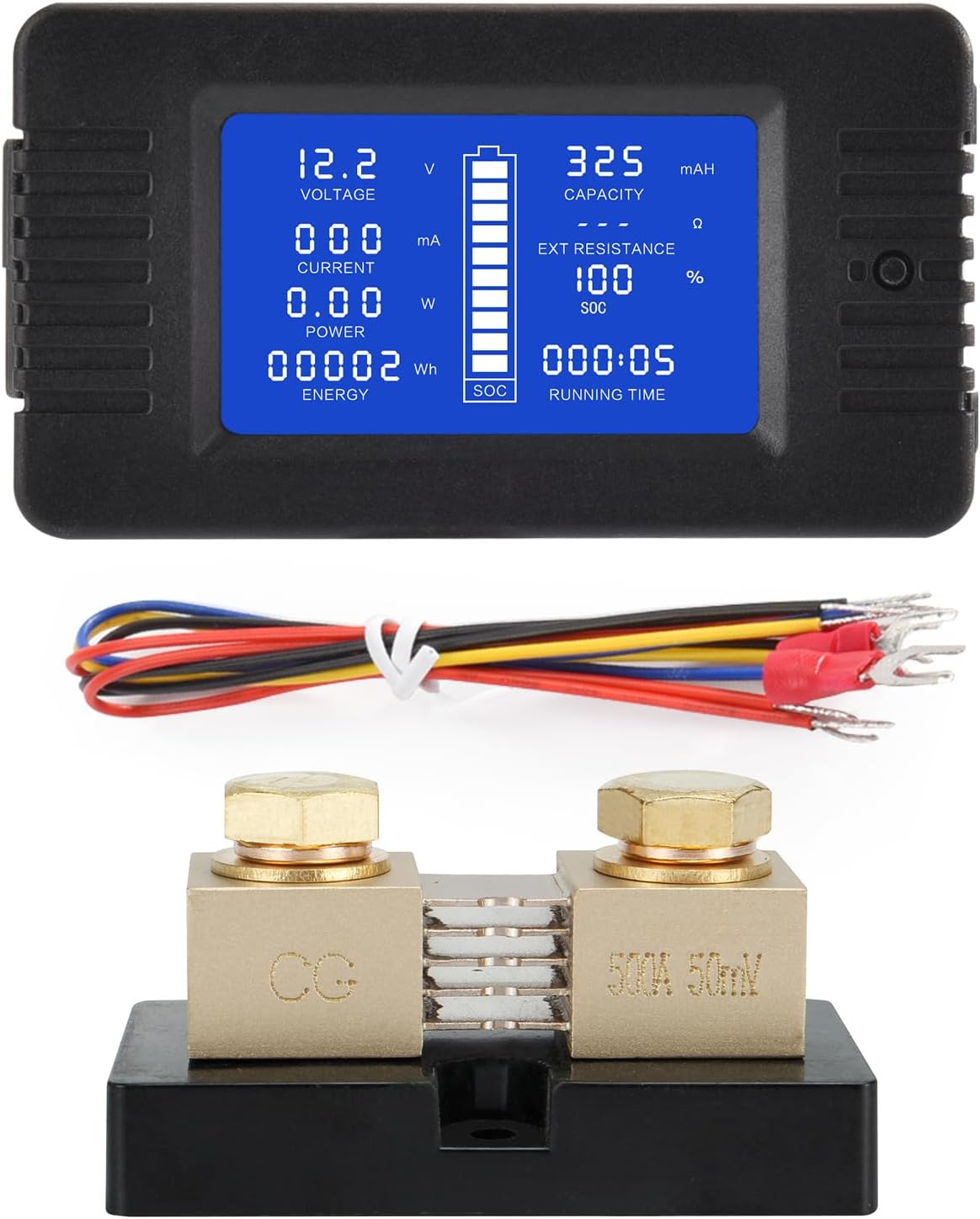 DC Multifunction Battery Monitor Meter with Shunt,0-200V,0-500A, LCD Display Digital Current Multimeter Voltmeter