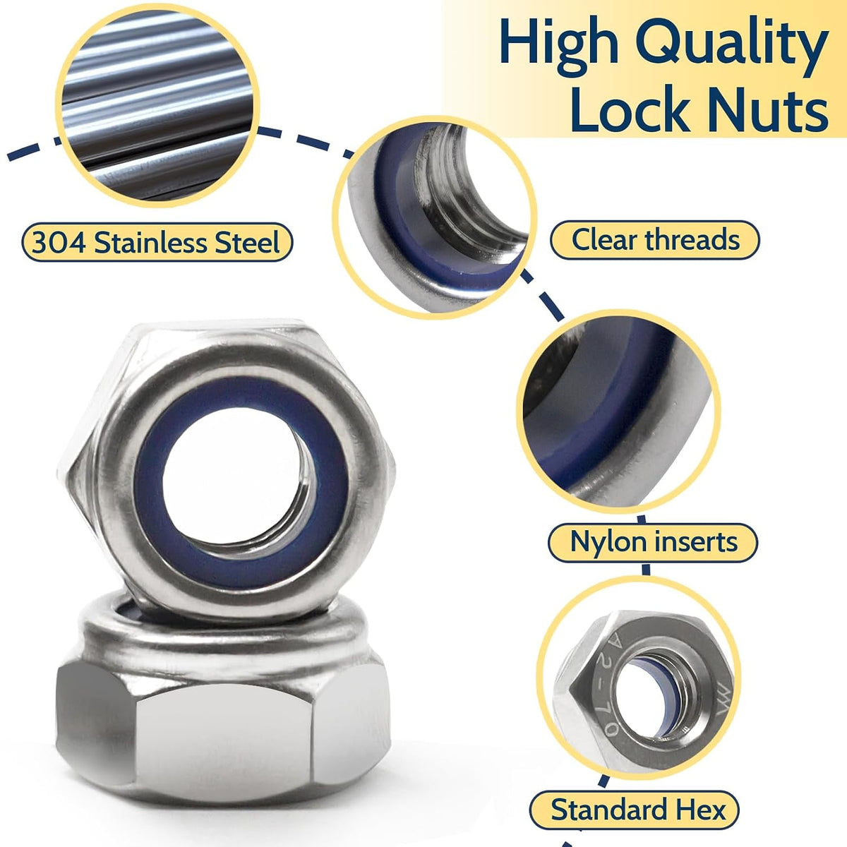 M6-1.0 Lock Nut, 150Pcs Stainless Steel Nylock Insert Locking Nuts