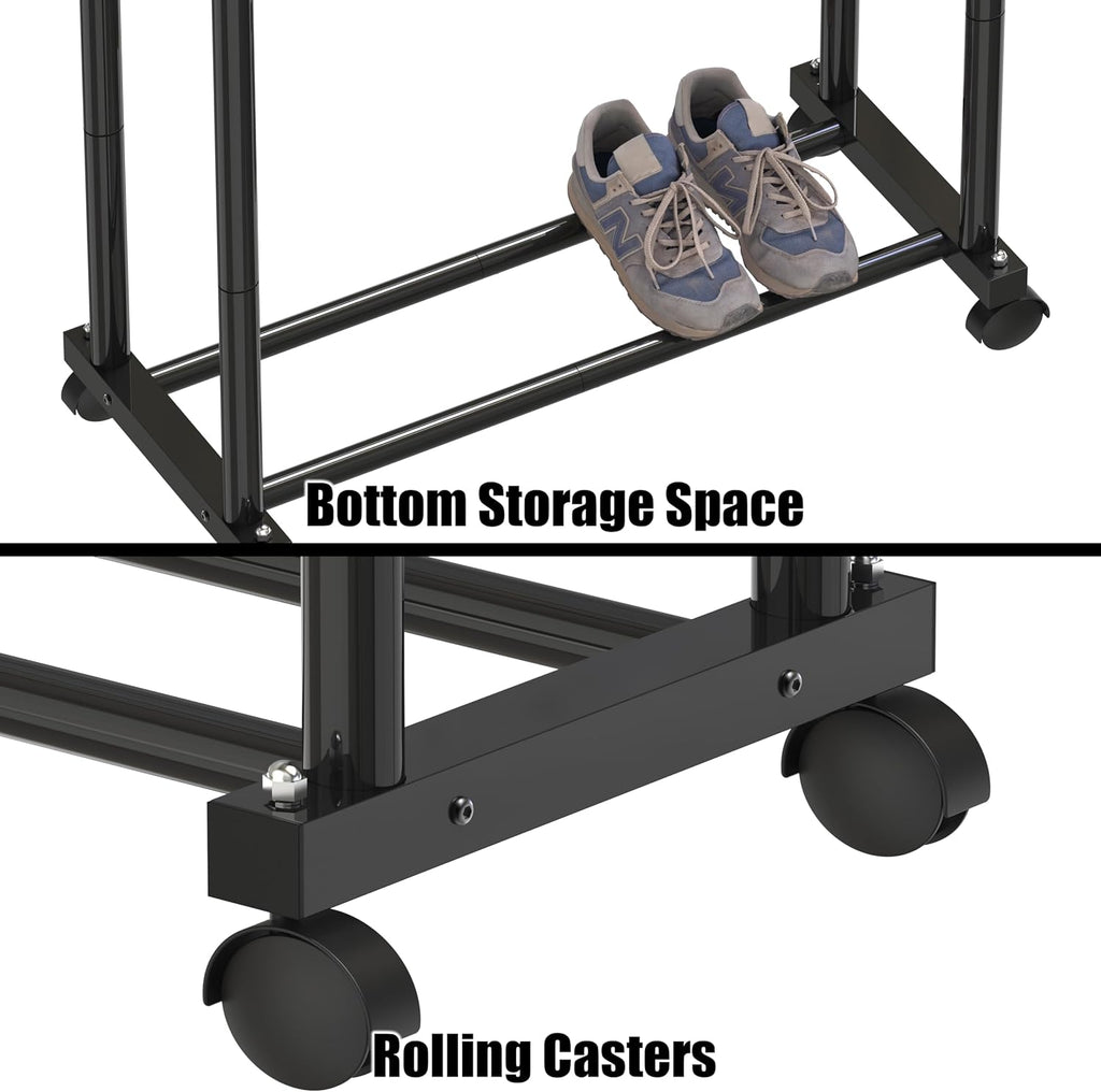 Double Rods Clothing Hanging Rack on Wheels, Black | Metal Rolling Garment Rack