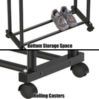 Double Rods Clothing Hanging Rack on Wheels, Black | Metal Rolling Garment Rack