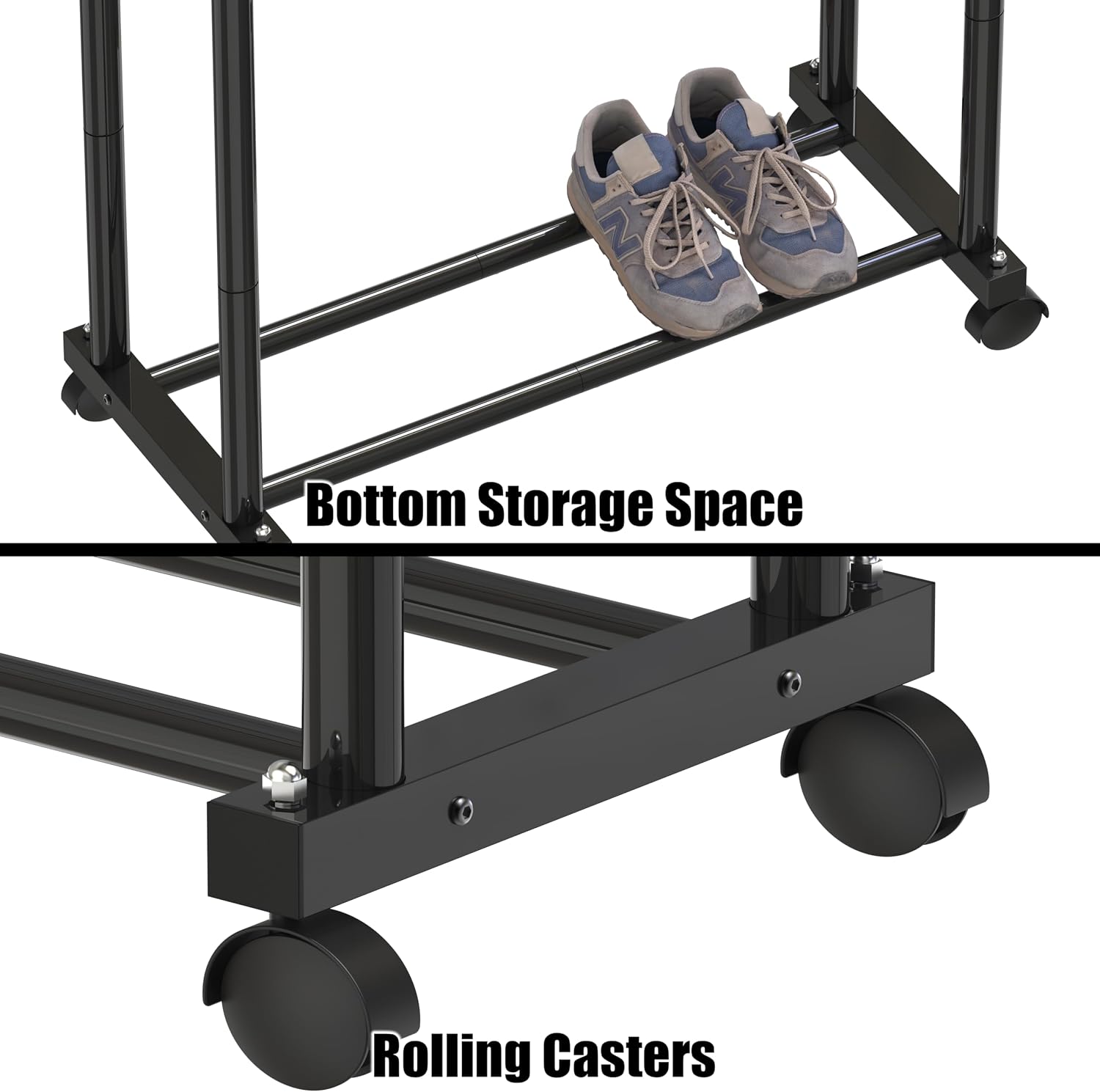 Double Rods Clothing Hanging Rack on Wheels, Black | Metal Rolling Garment Rack