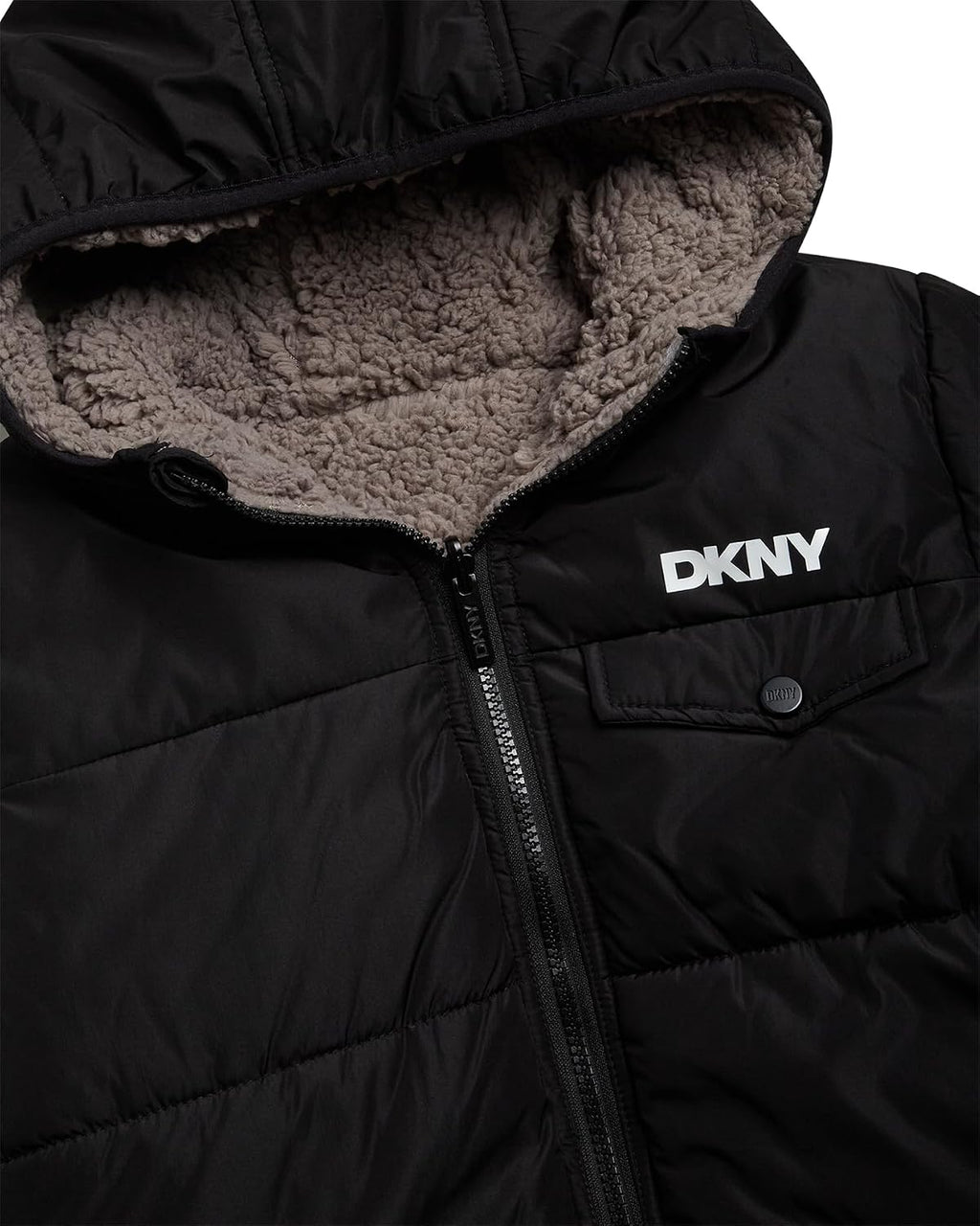 DKNY Boys Reversible Zip Up Puffer Jacket Sherpa Lined Hooded Winter Coat | Two Looks in One Reversible Design, Cozy